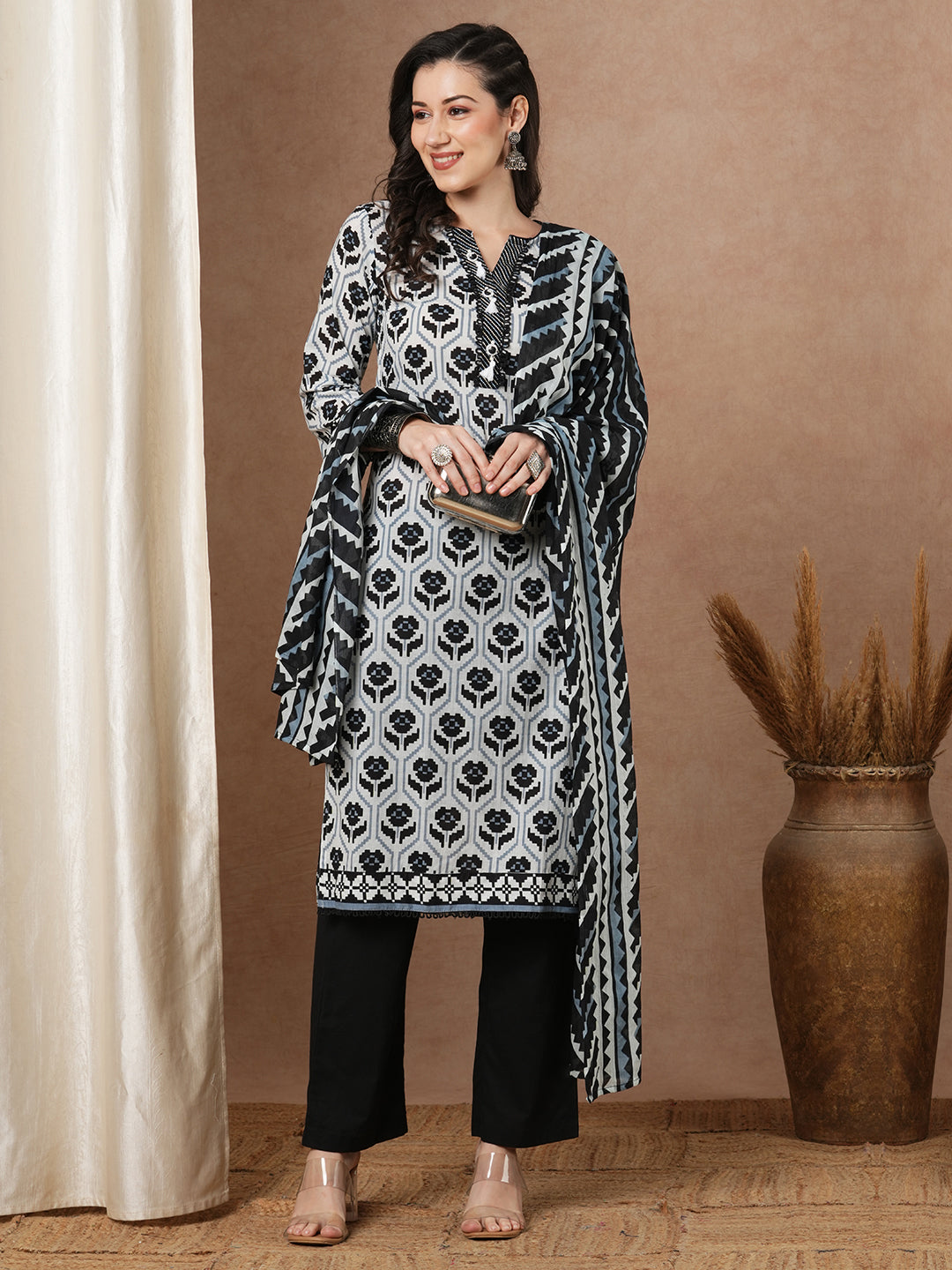 Ethnic Printed Straight Fit Kurta with Pant & Dupatta - White