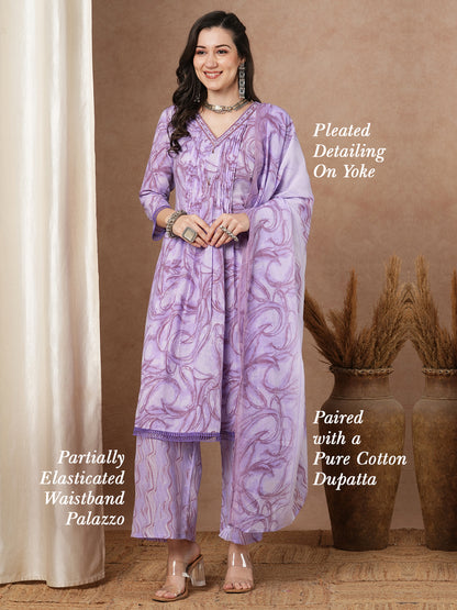 Ethnic Floral Printed A-Line Pleated & Kurta with Pant and Dupatta - Lavender