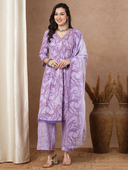 Ethnic Floral Printed A-Line Pleated & Kurta with Pant and Dupatta - Lavender