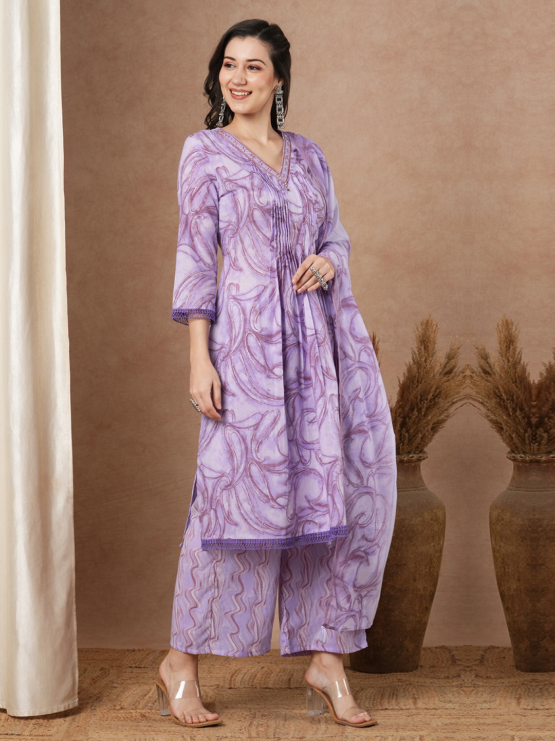 Ethnic Floral Printed A-Line Pleated & Kurta with Pant and Dupatta - Lavender