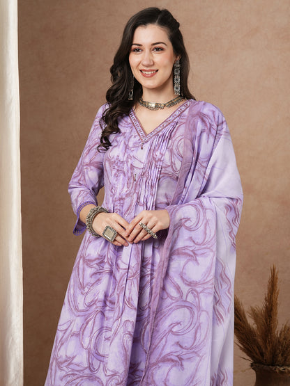 Ethnic Floral Printed A-Line Pleated & Kurta with Pant and Dupatta - Lavender