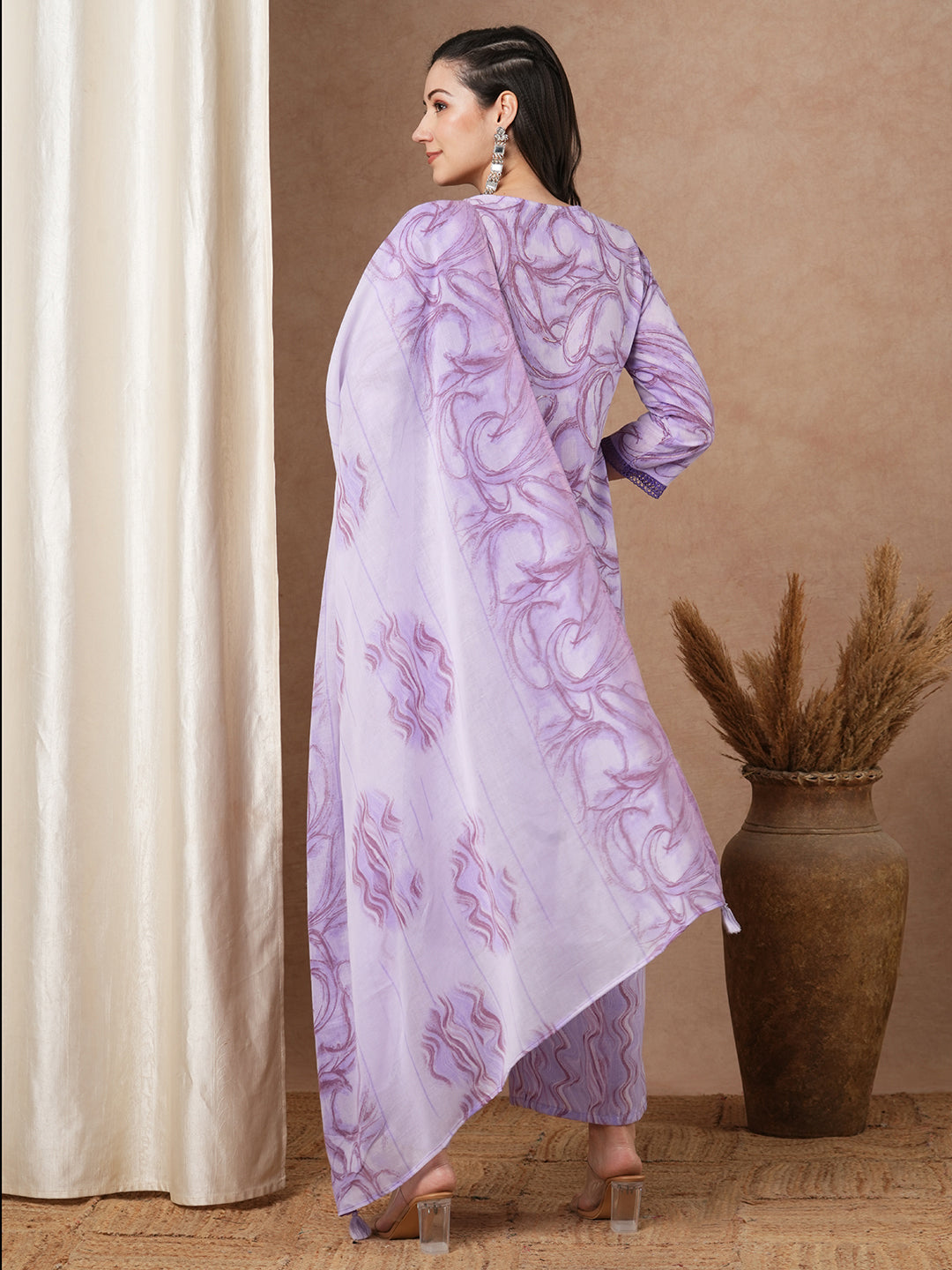 Ethnic Floral Printed A-Line Pleated & Kurta with Pant and Dupatta - Lavender