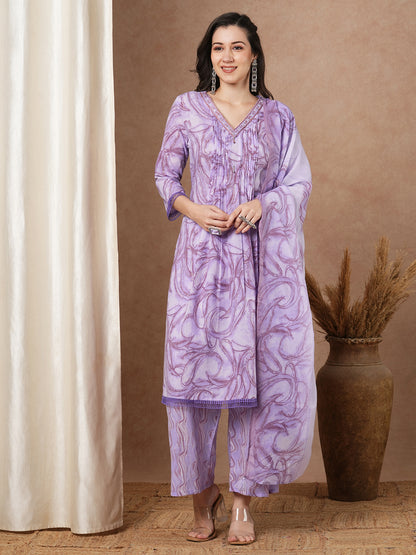 Ethnic Floral Printed A-Line Pleated & Kurta with Pant and Dupatta - Lavender