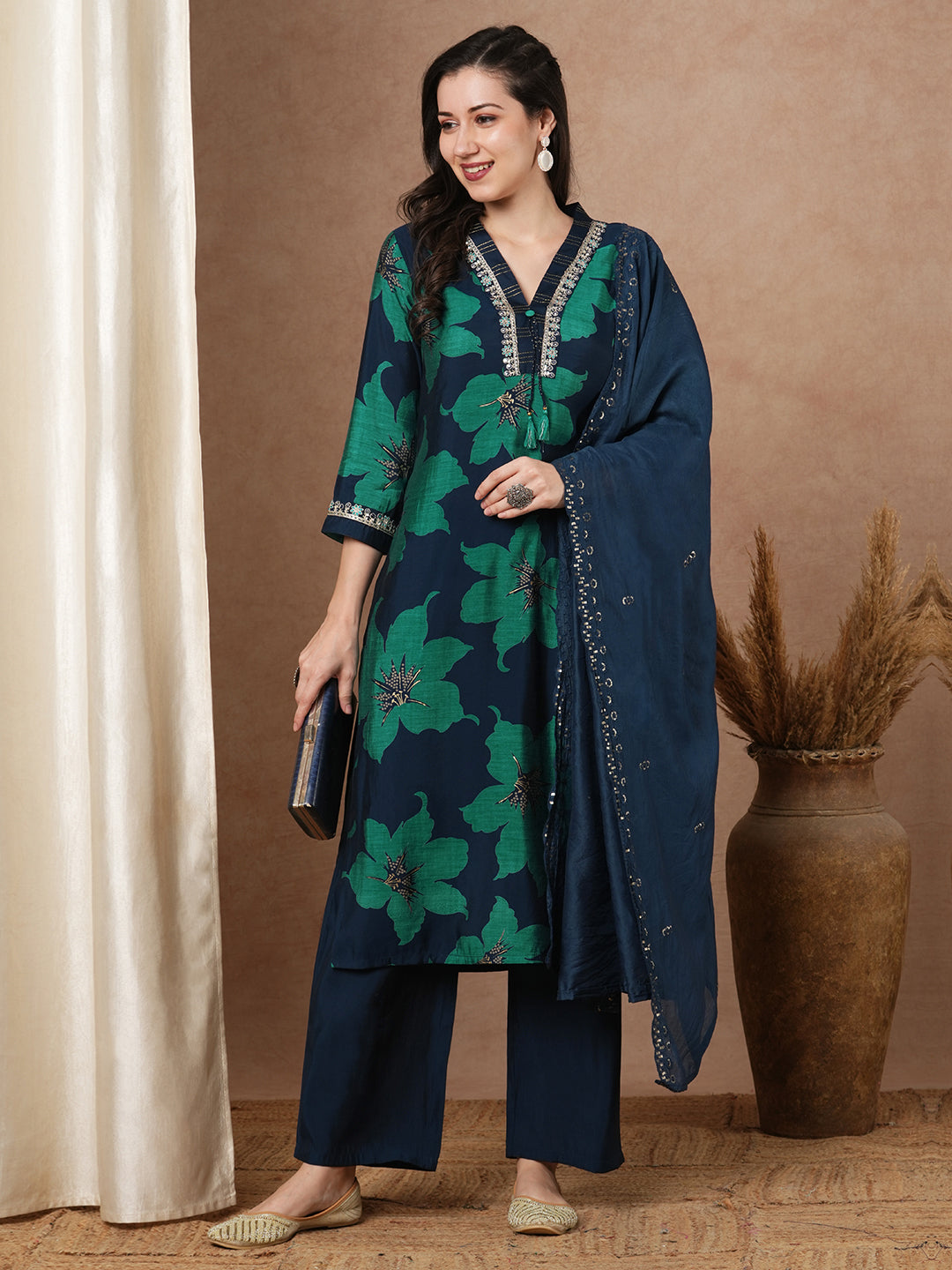 Abstract Bold Floral Printed & Embroidered Straight Kurta with Pant & Dupatta - Teal Blue