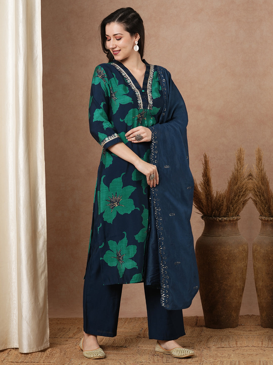 Abstract Bold Floral Printed & Embroidered Straight Kurta with Pant & Dupatta - Teal Blue