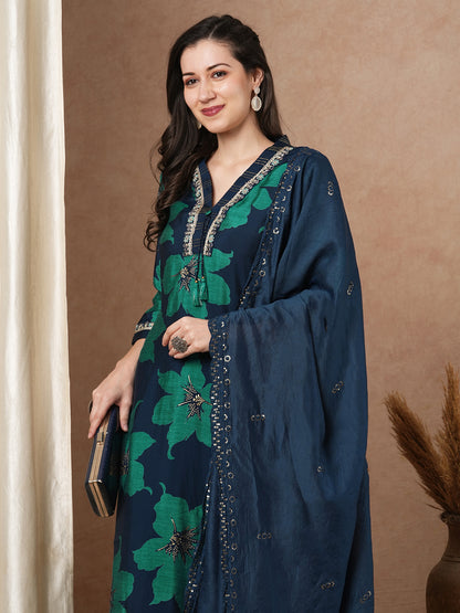 Abstract Bold Floral Printed & Embroidered Straight Kurta with Pant & Dupatta - Teal Blue