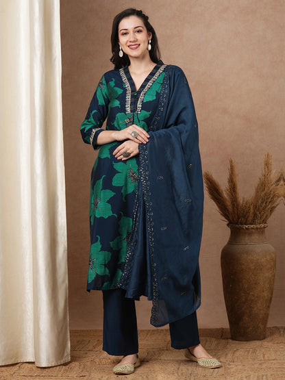 Abstract Bold Floral Printed & Embroidered Straight Kurta with Pant & Dupatta - Teal Blue