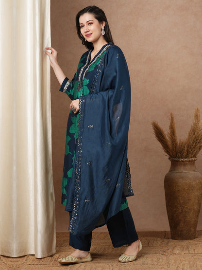 Abstract Bold Floral Printed & Embroidered Straight Kurta with Pant & Dupatta - Teal Blue