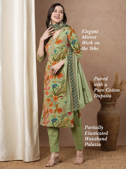 Ethnic Floral Printed & Embroidered Straight Fit Kurta with Pant and Dupatta - Mint Green