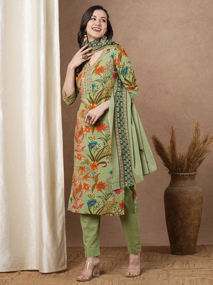 Ethnic Floral Printed & Embroidered Straight Fit Kurta with Pant and Dupatta - Mint Green