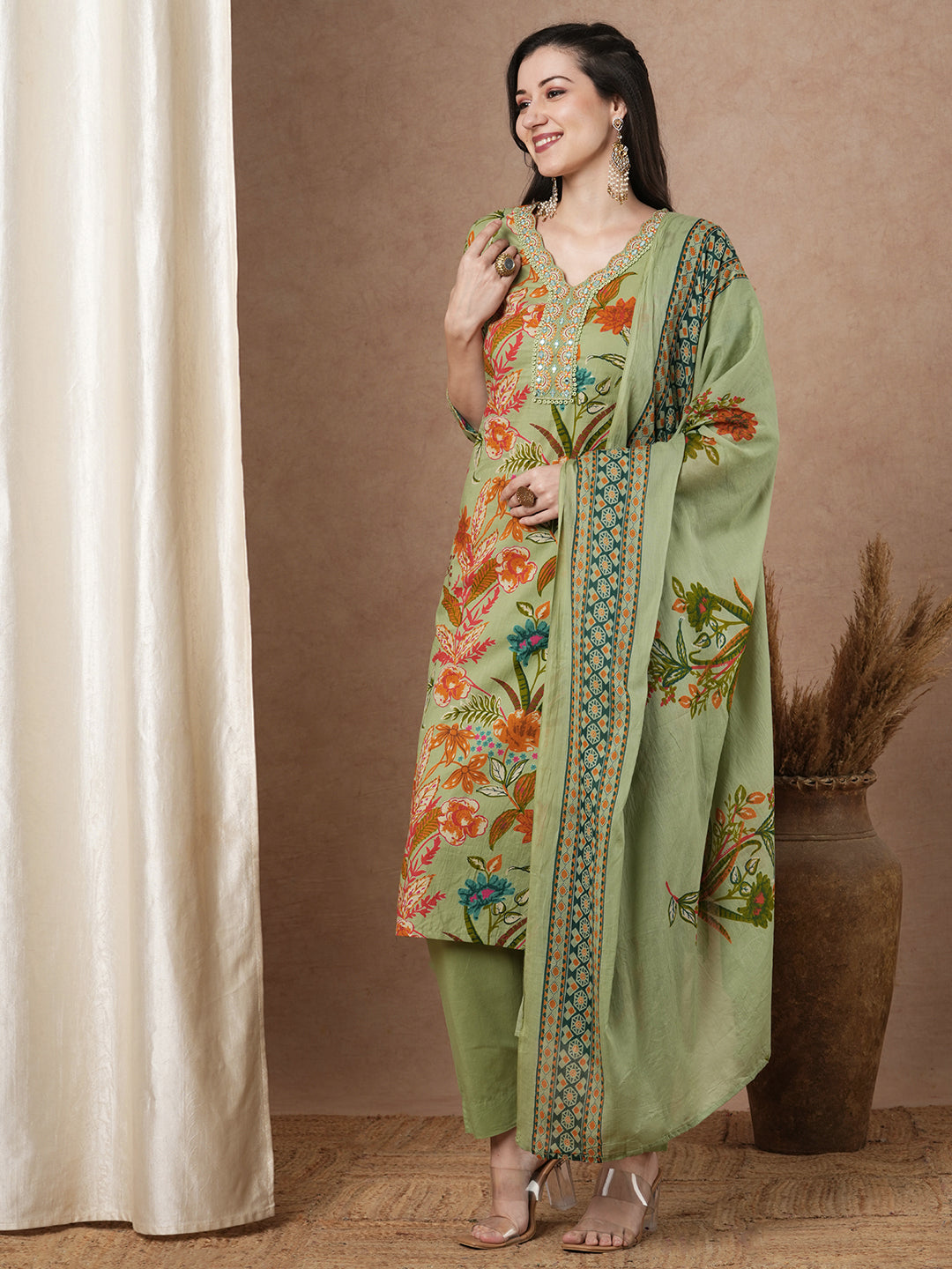 Ethnic Floral Printed & Embroidered Straight Fit Kurta with Pant and Dupatta - Mint Green