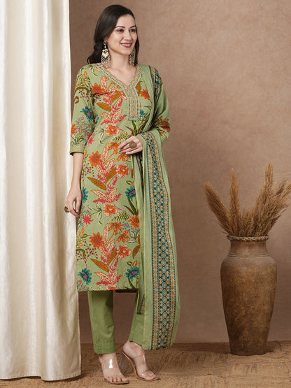 Ethnic Floral Printed & Embroidered Straight Fit Kurta with Pant and Dupatta - Mint Green