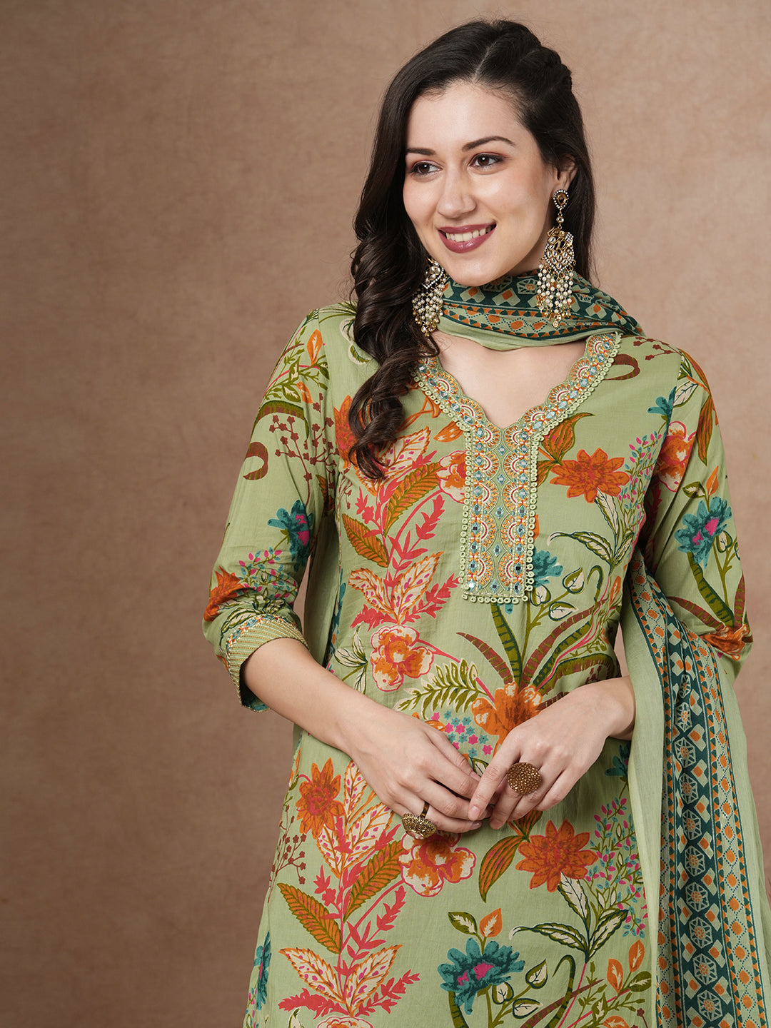 Ethnic Floral Printed & Embroidered Straight Fit Kurta with Pant and Dupatta - Mint Green