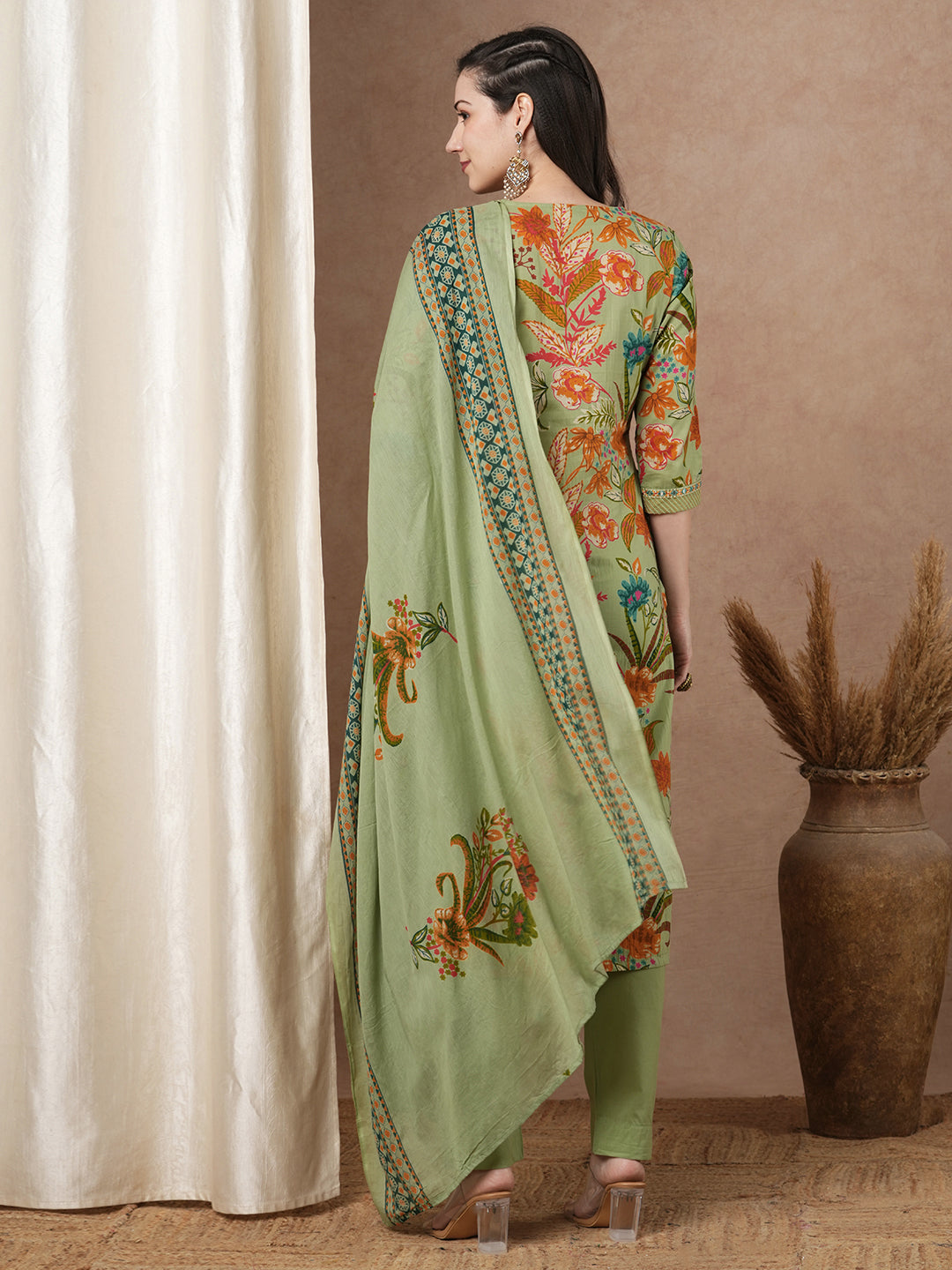 Ethnic Floral Printed & Embroidered Straight Fit Kurta with Pant and Dupatta - Mint Green