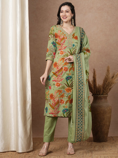 Ethnic Floral Printed & Embroidered Straight Fit Kurta with Pant and Dupatta - Mint Green