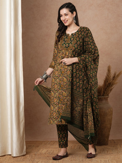 Ethnic Printed & Embroidered Straight Kurta with Pant & Dupatta - Green