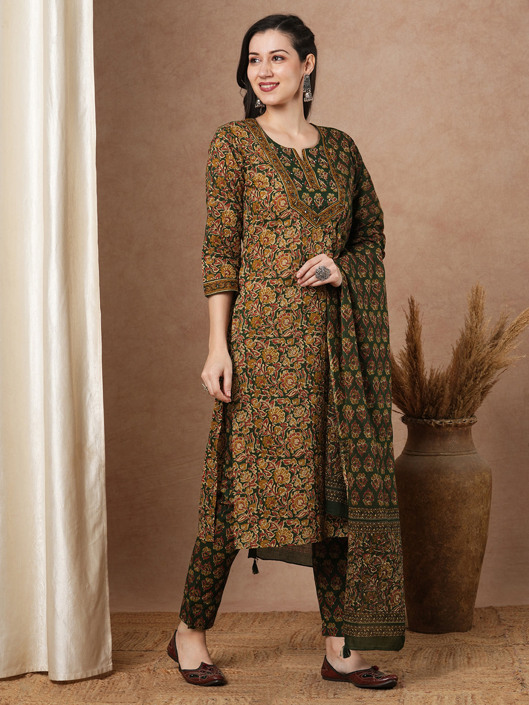 Ethnic Printed & Embroidered Straight Kurta with Pant & Dupatta - Green