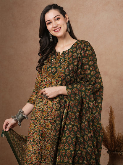 Ethnic Printed & Embroidered Straight Kurta with Pant & Dupatta - Green