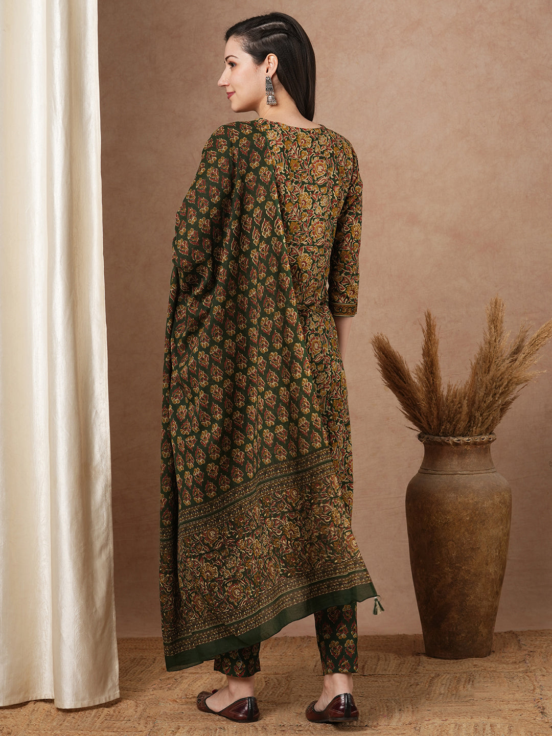 Ethnic Printed & Embroidered Straight Kurta with Pant & Dupatta - Green