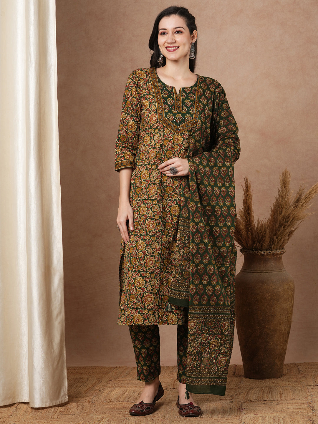 Ethnic Printed & Embroidered Straight Kurta with Pant & Dupatta - Green