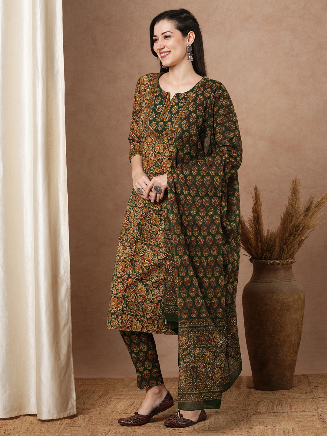 Ethnic Printed & Embroidered Straight Kurta with Pant & Dupatta - Green