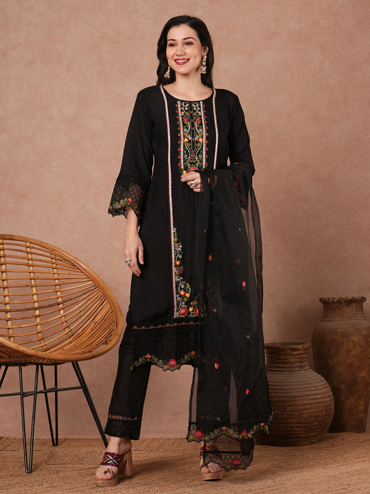 Solid Floral Embroidered Straight Fit Kurta with Pant and Dupatta - Black