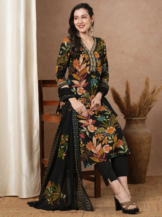 Ethnic Floral Printed & Embroidered Straight Fit Kurta with Pant and Dupatta - Black