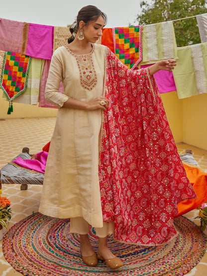 Solid Hand Embroidered Anarkali Kurta with Pant & Dupatta - Cream