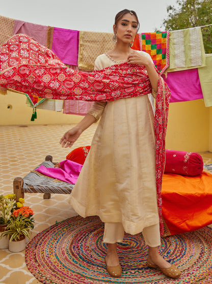 Solid Hand Embroidered Anarkali Kurta with Pant & Dupatta - Cream