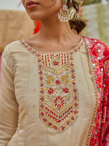 Solid Hand Embroidered Anarkali Kurta with Pant & Dupatta - Cream