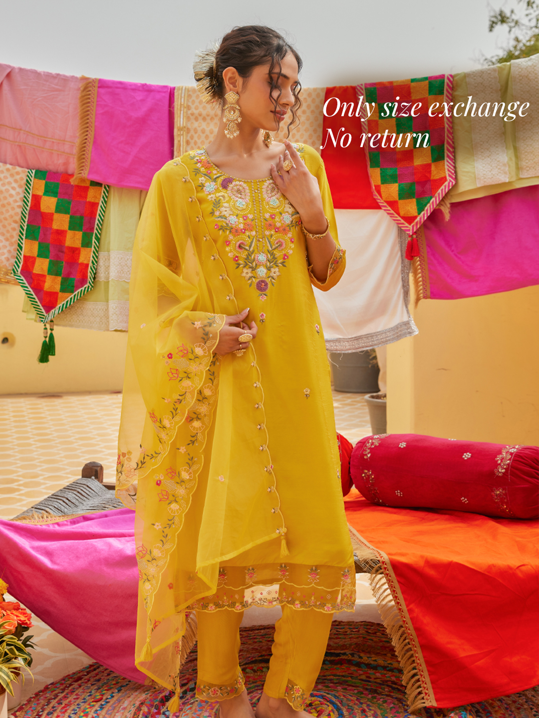 Solid Floral Hand Embroidered Straight Kurta with Pant & Dupatta - Yellow