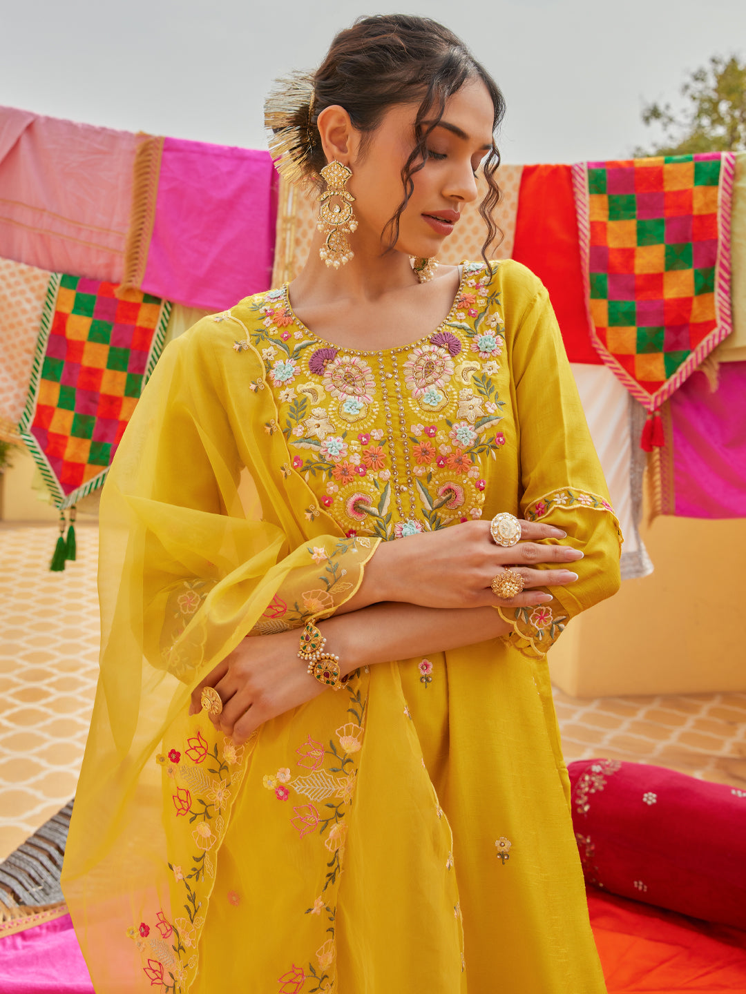 Solid Floral Hand Embroidered Straight Kurta with Pant & Dupatta - Yellow