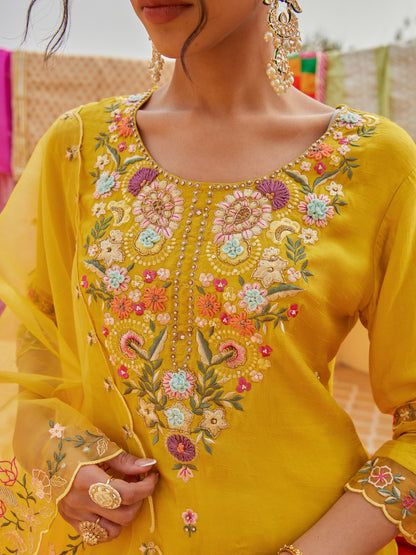 Solid Floral Hand Embroidered Straight Kurta with Pant & Dupatta - Yellow