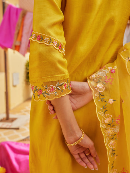 Solid Floral Hand Embroidered Straight Kurta with Pant & Dupatta - Yellow