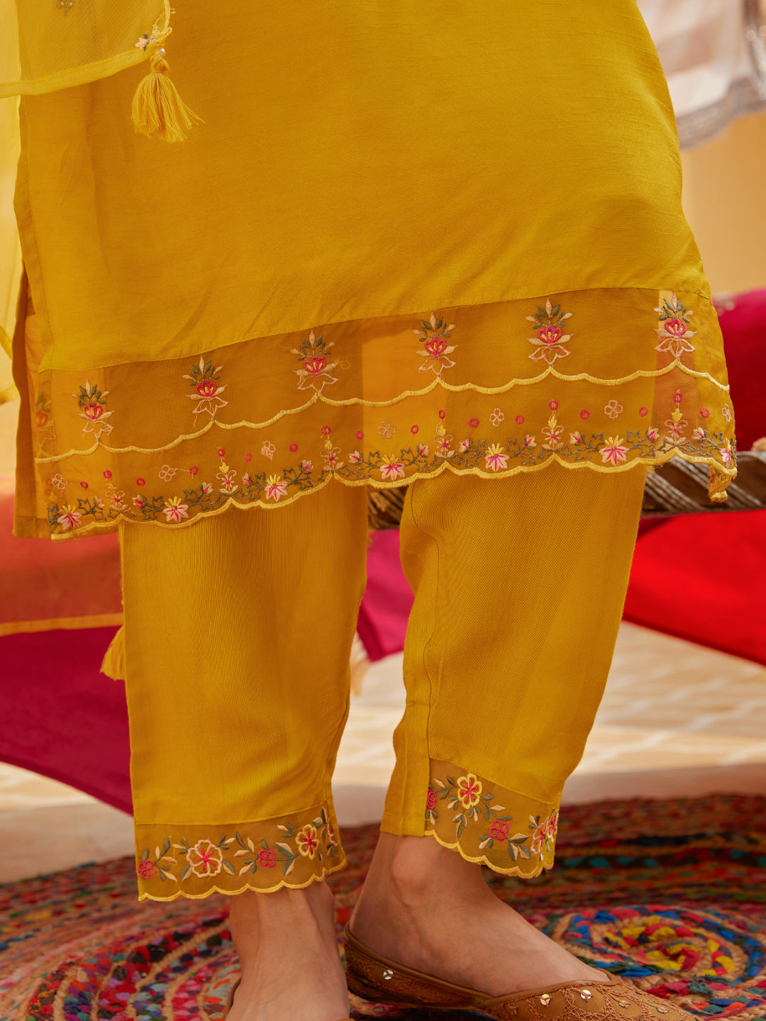 Solid Floral Hand Embroidered Straight Kurta with Pant & Dupatta - Yellow