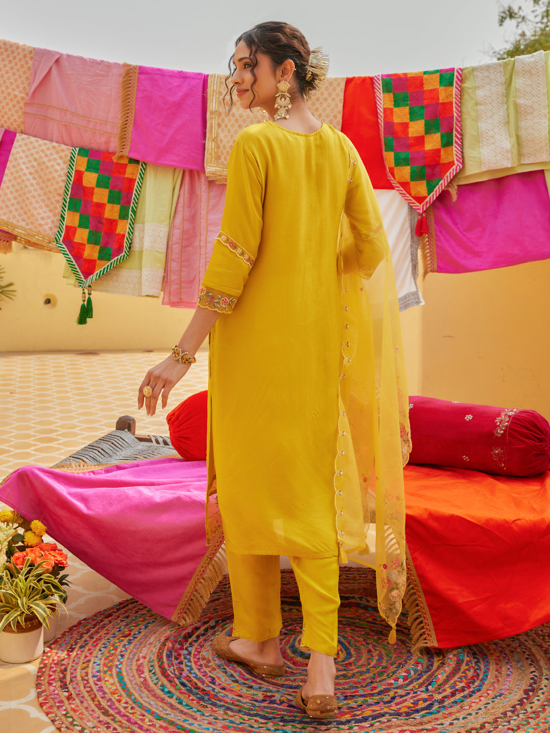 Solid Floral Hand Embroidered Straight Kurta with Pant & Dupatta - Yellow