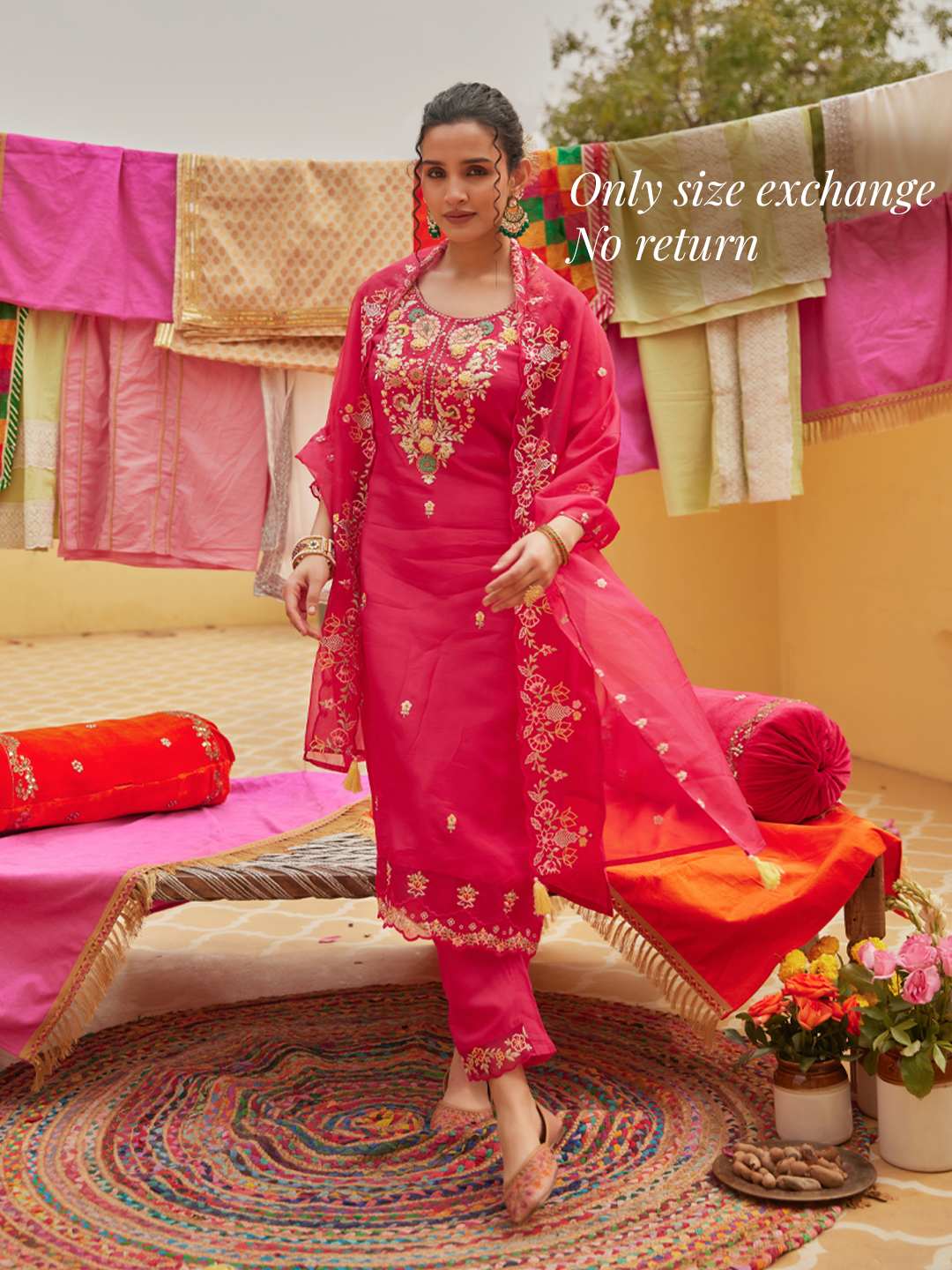 Solid Floral Hand Embroidered Straight Kurta with Pant & Dupatta - Pink