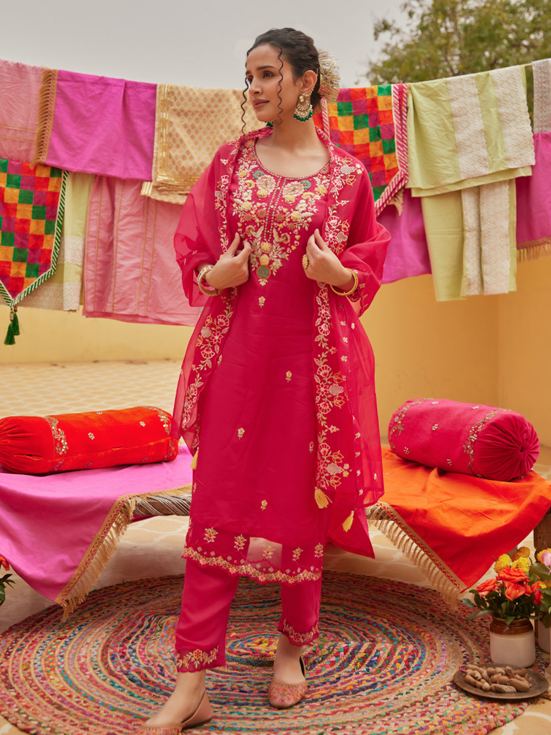 Solid Floral Hand Embroidered Straight Kurta with Pant & Dupatta - Pink