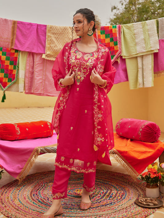 Solid Floral Hand Embroidered Straight Kurta with Pant & Dupatta - Pink