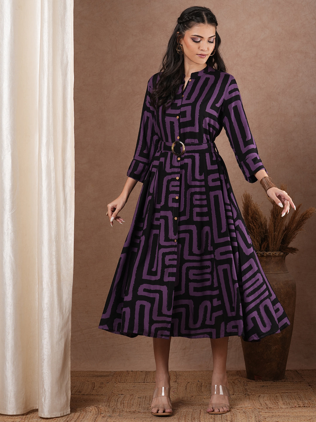 Geometric Printed A-Line Flared Midi Dress with Belt - Multi