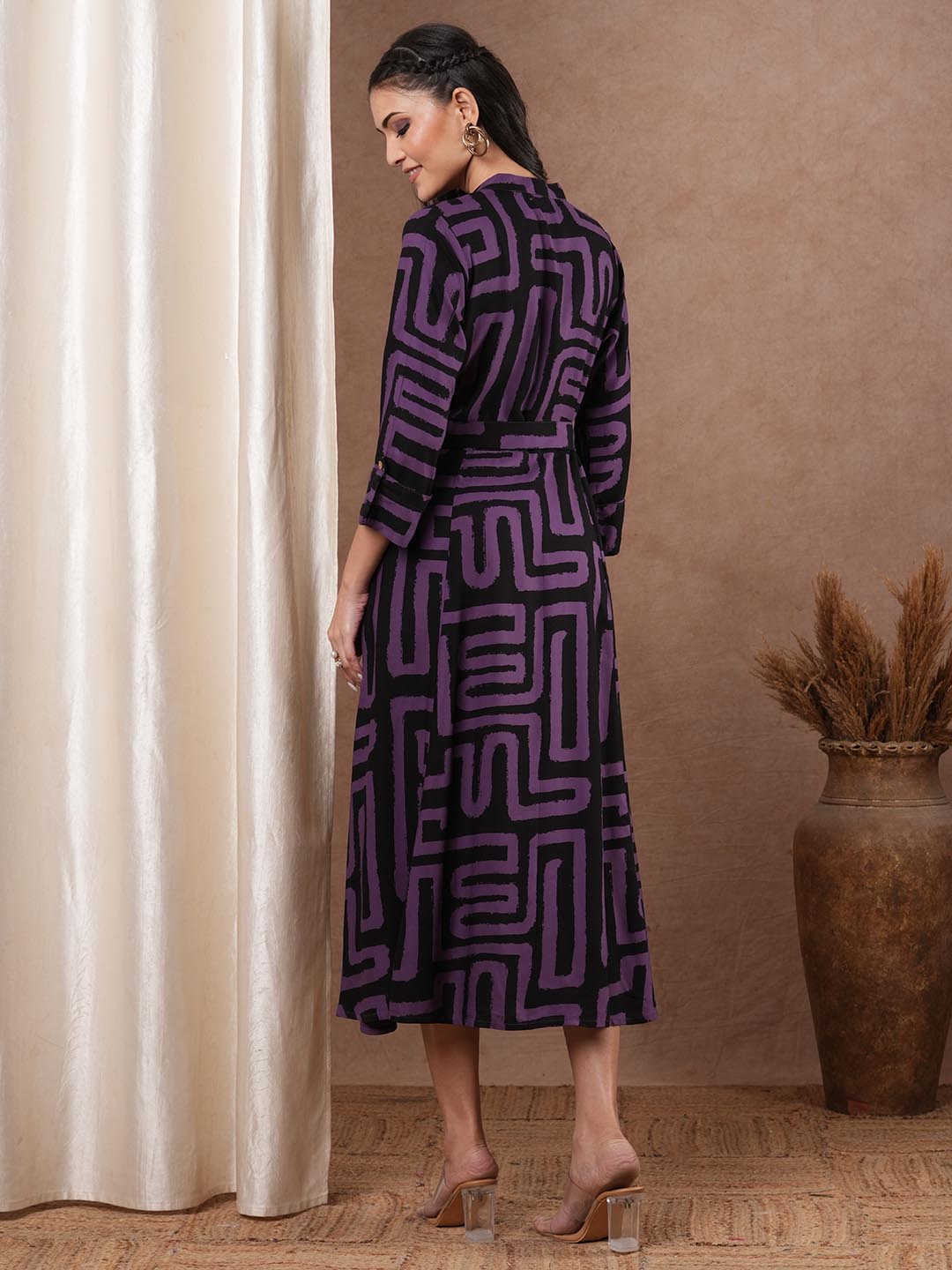 Geometric Printed A-Line Flared Midi Dress with Belt - Multi