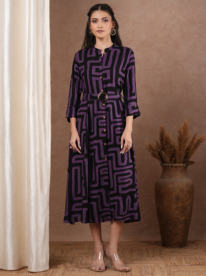 Geometric Printed A-Line Flared Midi Dress with Belt - Multi