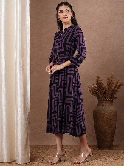 Geometric Printed A-Line Flared Midi Dress with Belt - Multi