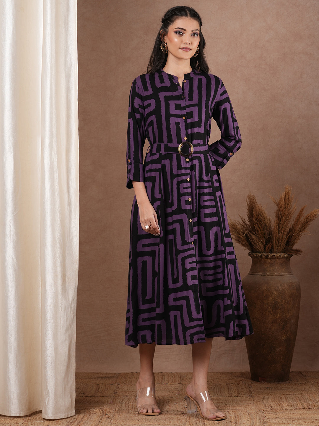 Geometric Printed A-Line Flared Midi Dress with Belt - Multi