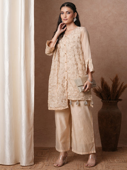 Solid Zari Floral Embroidered A-Line Kurta with Palazzo - Cream