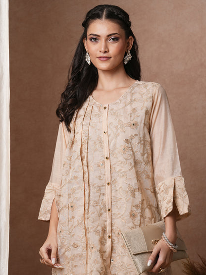 Solid Zari Floral Embroidered A-Line Kurta with Palazzo - Cream