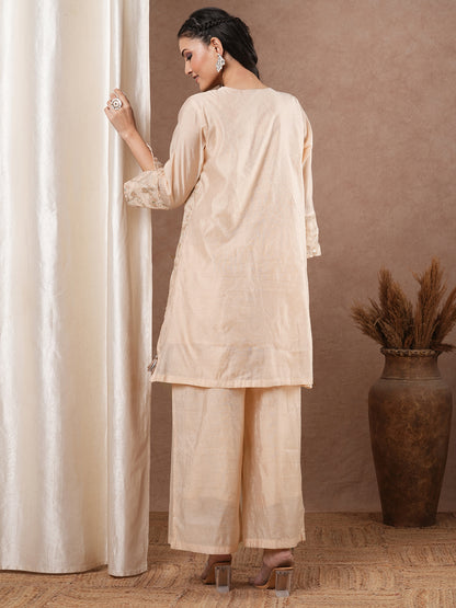 Solid Zari Floral Embroidered A-Line Kurta with Palazzo - Cream