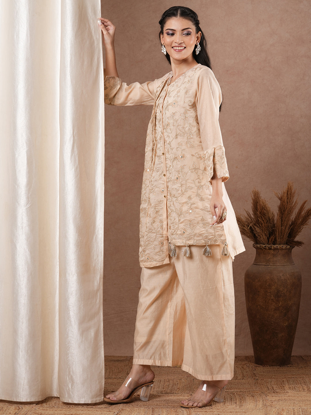 Solid Zari Floral Embroidered A-Line Kurta with Palazzo - Cream