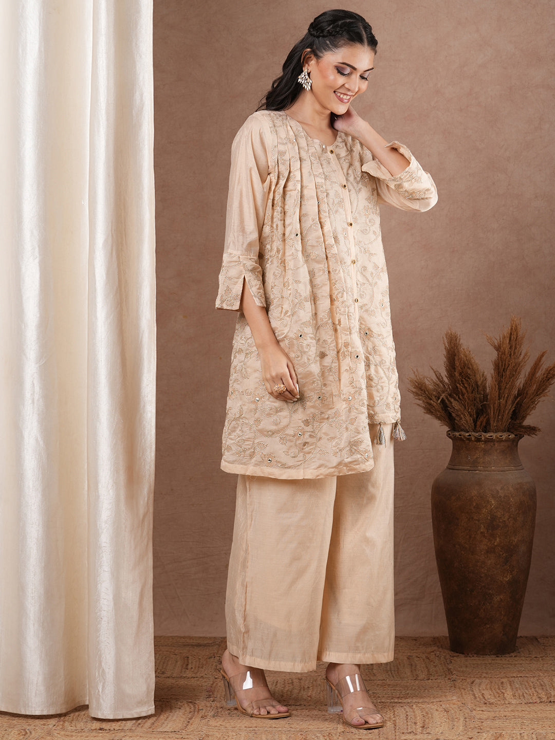 Solid Zari Floral Embroidered A-Line Kurta with Palazzo - Cream