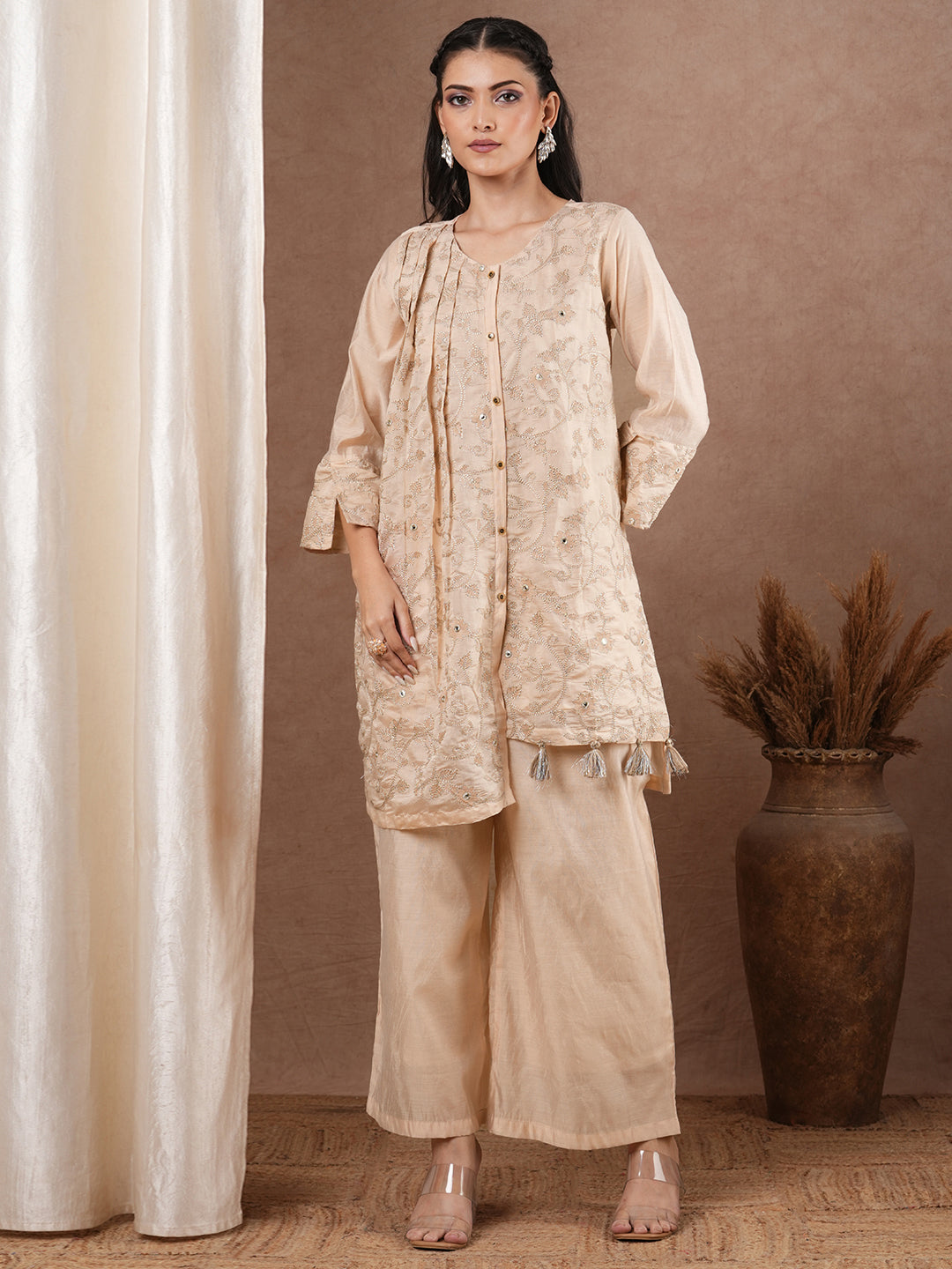 Solid Zari Floral Embroidered A-Line Kurta with Palazzo - Cream